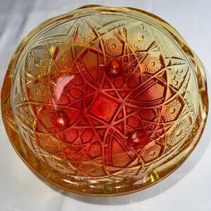 Vintage Amberina Glass Daisy and Button Footed Bowl Scalloped Orange Yellow 7in